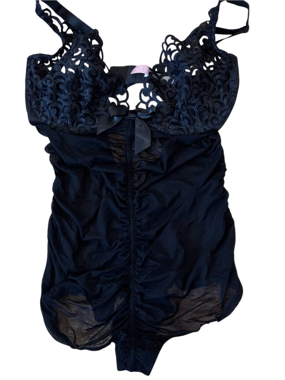 Victoria’s Secret Bodysuit Teddy, 36D, Black Lace Underwire Bra, Mesh, Scalloped